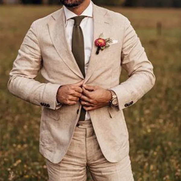 Мужской облегающий костюм ANNIEBRITNEY бежевый из 2 предметов, деловой льняной летний костюм 2020, летний свадебный смокинг для жениха, индивидуальный пошив, повседневный мужской костюм