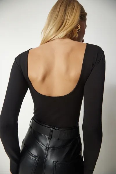 Женская черная трикотажная укороченная блузка с открытой спиной Happiness İstanbul, черный