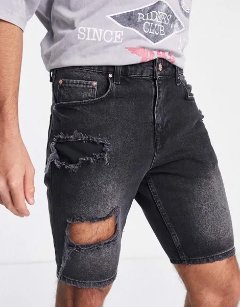 Узкие джинсовые шорты выбеленного черного цвета с рваными разрезами на бедре ASOS DESIGN-Черный