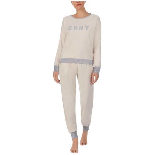 Пижама DKNY женская бежевые свитер и штаны с серыми манжетами и лого