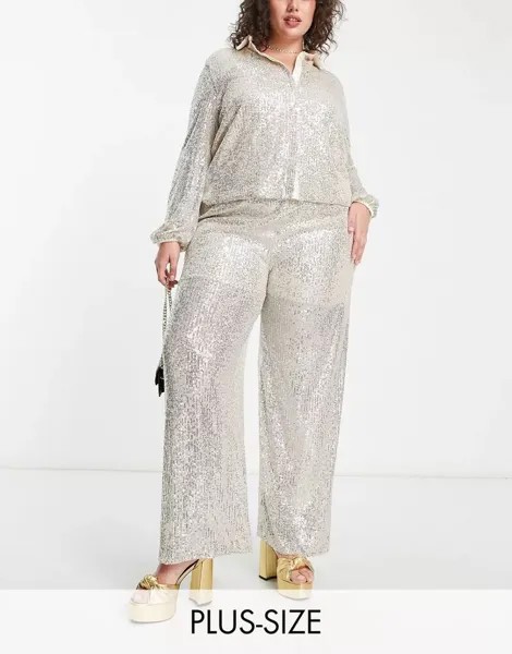 Комбинированные брюки широкого кроя с оборкой London Plus из сверкающего серебристого металлика Flounce London