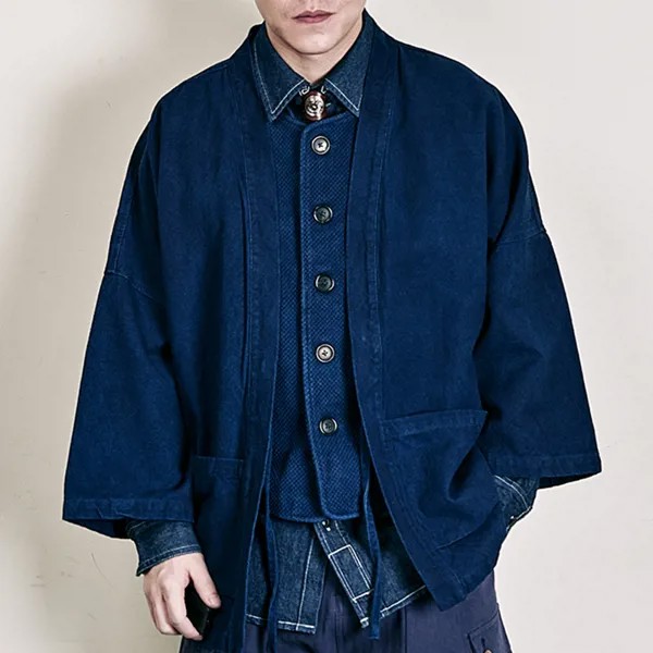 Винтажная мужская куртка Kendo цвета индиго, тяжелая хлопковая льняная куртка с карманами, синяя окрашенная куртка, осенний мужской Свободный Повседневный Кардиган, куртка, пальто