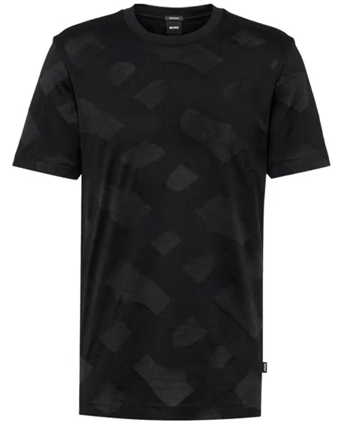Hugo Boss Мужская Tiburt 355 Черная жаккардовая футболка с круглым вырезом и короткими рукавами, черный