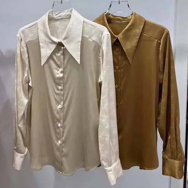 Блузка женская с длинным рукавом, дизайнерская винтажная жаккардовая рубашка, шелковая сорочка абрикосового и коричневого цвета с принтом, весна-лето 2023