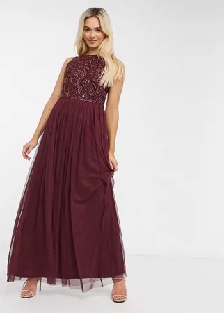 Бордовое платье макси без рукавов с нарядной отделкой Lace & Beads-Красный