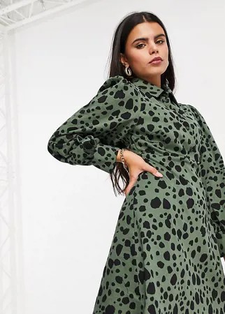 Платье-рубашка мини цвета хаки с черным леопардовым принтом ASOS DESIGN Petite-Многоцветный