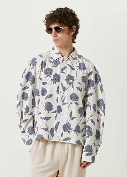 Бело-темно-синяя рубашка с цветочным принтом Jacquemus