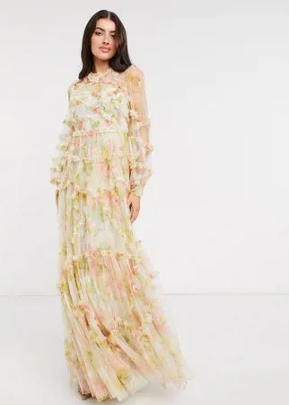 Платье макси с длинными рукавами с 3D-эффектом и смешанным цветочным принтом Needle & Thread-Многоцветный