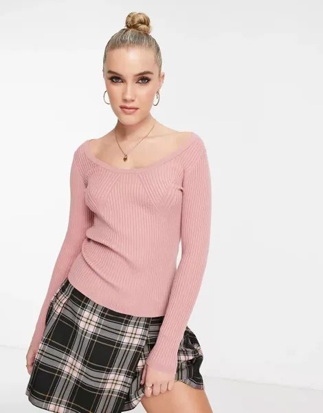 Темно-розовый джемпер с овальным вырезом и ребристой грудью ASOS