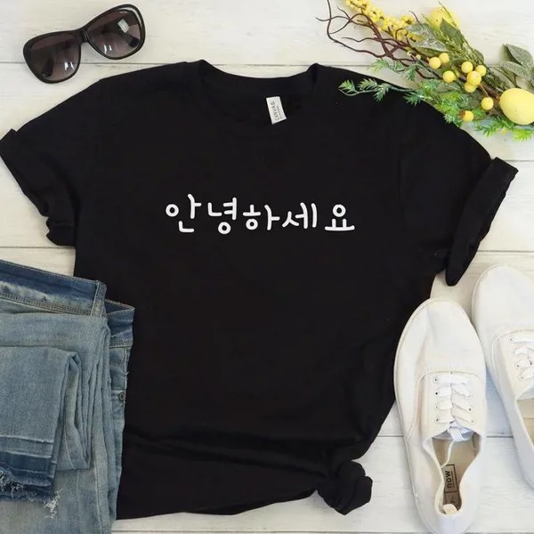HELLO - Корейская футболка Hangul Annyeonghaseyo Word, Простая корейская модная футболка