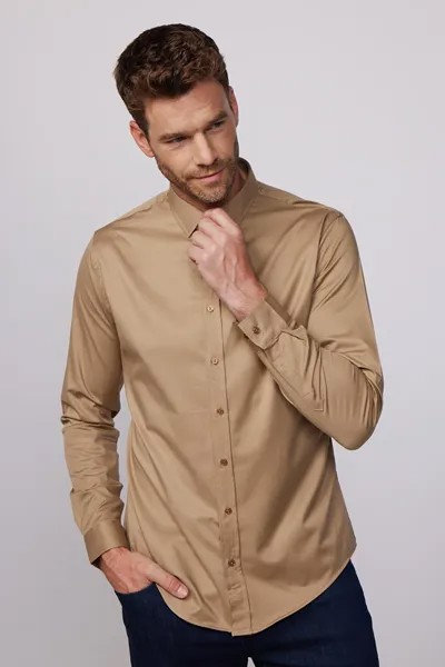 Обычная мужская кофейная рубашка из лайкры и хлопка, атласа Slim Fit TUDORS