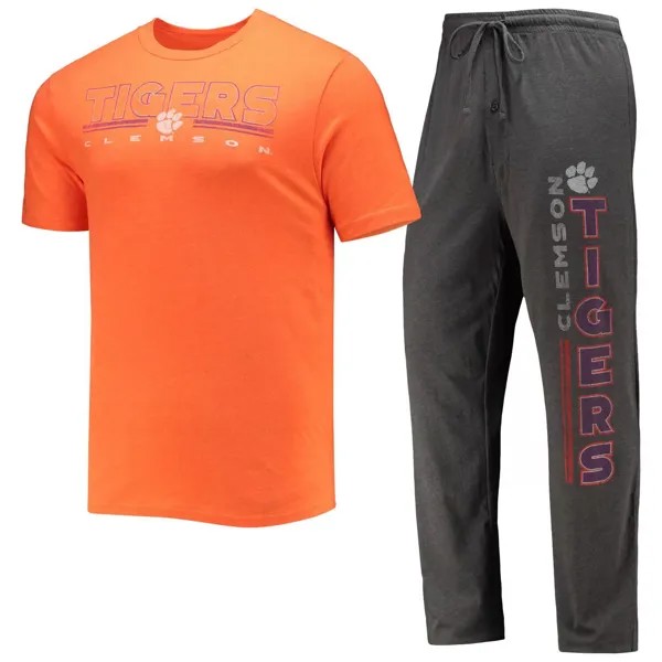 Мужская футболка Concepts Sport с мелованным углем/оранжевым Clemson Tigers Meter, футболка и брюки для сна