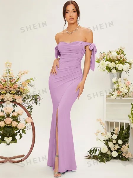 Платье Shein Belle с пышными рукавами и узлом, сиреневый