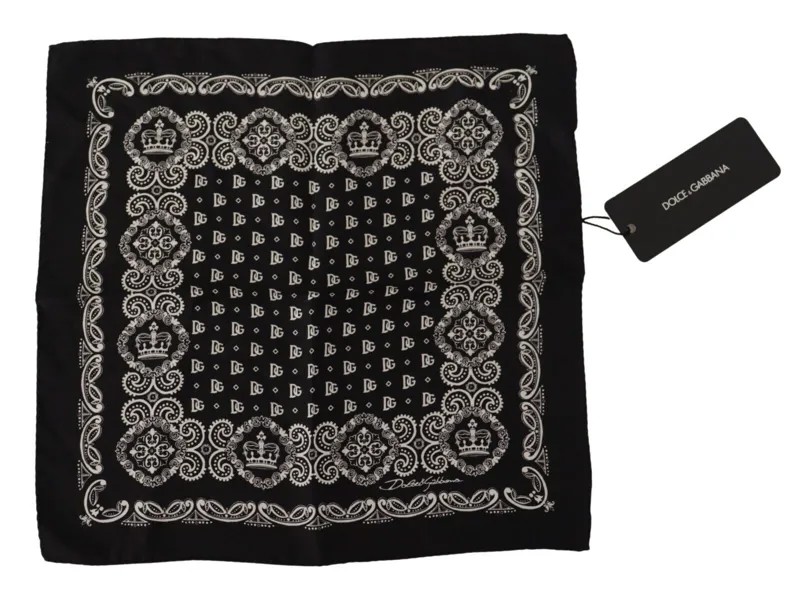 Шарф DOLCE - GABBANA Черный шелковый платок с логотипом DG и короной, квадратный, 32см X 32см