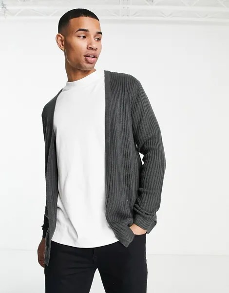 Темно-серый меланжевый вязаный кардиган в рубчик ASOS DESIGN