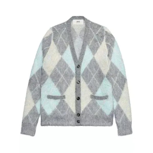 Кардиган brushed argyle-intarsia cardigan Ami Paris, серый
