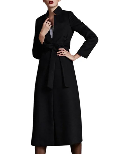 Milanoo Black Stand Collar Sash Long Sleeves Wool Blend Wrap Coat for Women