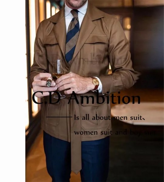Винтажная и роскошная мужская куртка-сафари с коричневым поясом, Классическая весенняя куртка из 2 предметов, мужское осеннее пальто, Мужск...