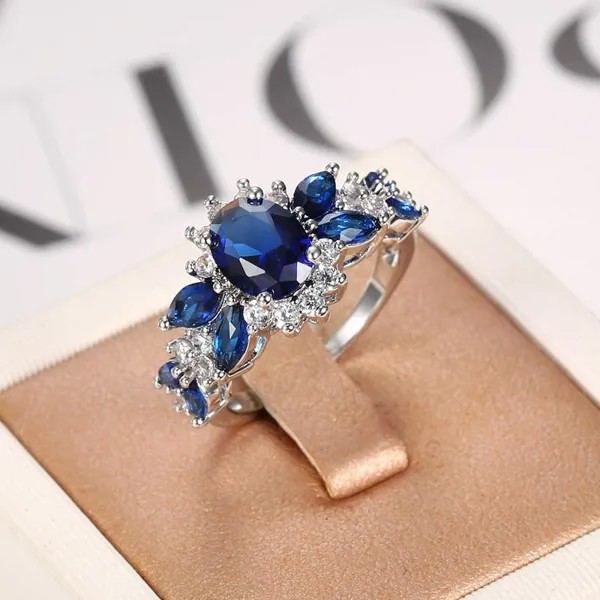 Роскошный серебро овальной огранки синий камень кольцо невеста обручальное обручальное кольцо ювелирные изделия подарок