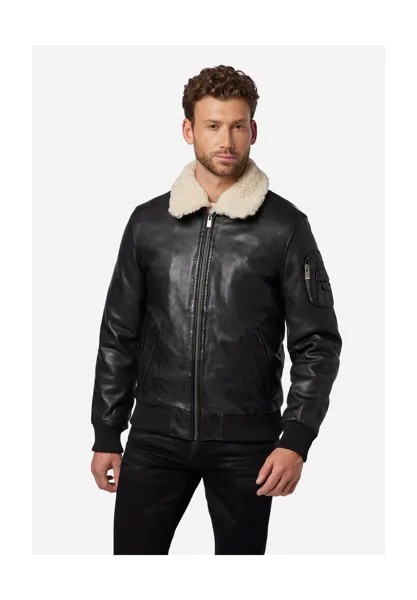 Мужская кожаная куртка M-Bomber - бомбер с воротником из овчины RICANO, черный