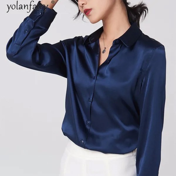 Женская рубашка на пуговицах, Корейская блузка из натурального шелка, Топ с длинным рукавом, женские элегантные рубашки, Женские топы и блузки, 2021 одежда для женщин