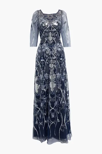 Платье из тюля, расшитое пайетками Marchesa Notte, темно-синий