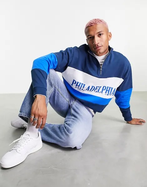 Oversized-свитшот с короткой молнией и названием города на груди ASOS DESIGN-Темно-синий