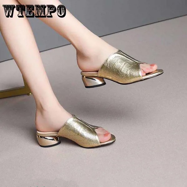 Тапочки женский большой размер толстый каблук сандалии в каблуке мягкая кожаная одежда половина драг золото серебро