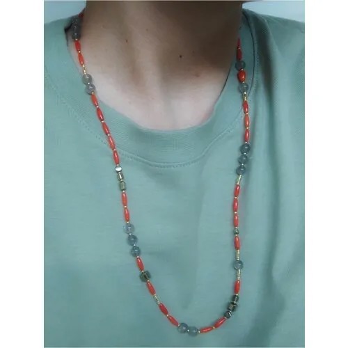 Бусы колье на шею из камней коралл, гематит, лабрадор