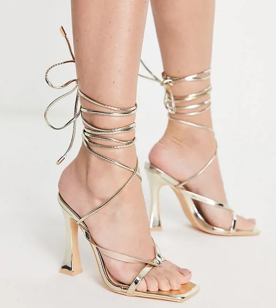Золотистые босоножки на каблуке с ремешками для широкой стопы Glamorous Wide Fit-Золотистый