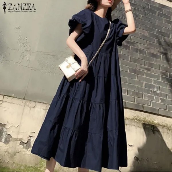 ЗАНЗЕА Чешский Pleated Длинное платье женщин Летний случайный короткий рукав O-шея Baggy Длинное платье Femme Polyester Vestidos