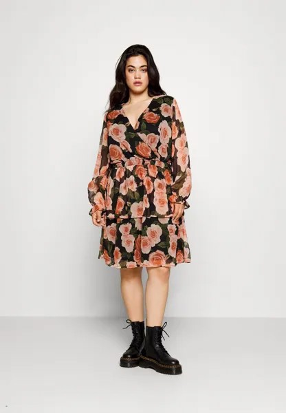 Летнее платье Vmphiline V Neck Dress Plus Size Vero Moda Curve, цвет black/romantic big flower
