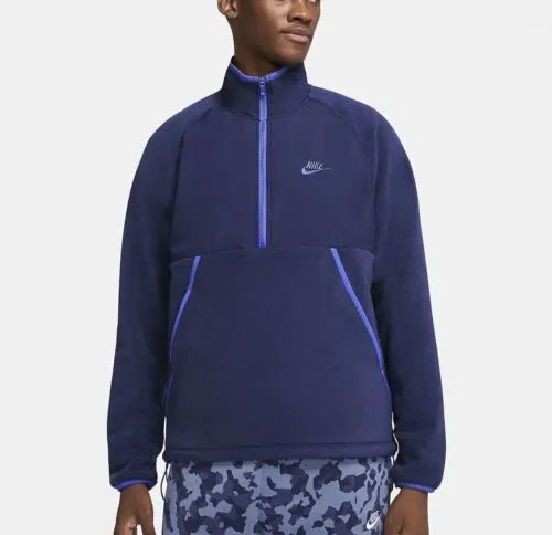 Утепленный флисовый пуловер с молнией до половины длины Nike (мужской размер L), спортивный свитер, синий топ
