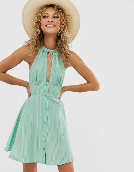 Сарафан мини на пуговицах в полоску с халтером ASOS DESIGN-Мульти