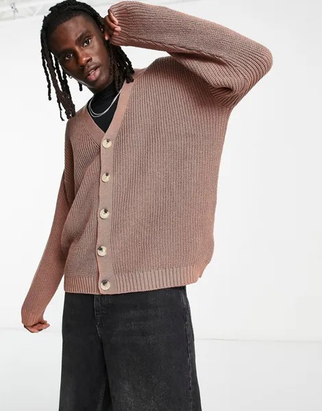 Серо-коричневый вязаный свободный кардиган в рубчик ASOS DESIGN