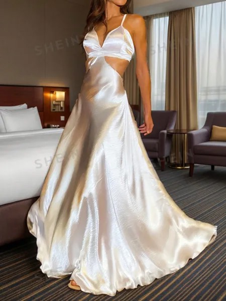 SHEIN BAE Элегантное мерцающее атласное вечернее платье длиной до пола с открытой спиной и бретельками-спагетти, белый