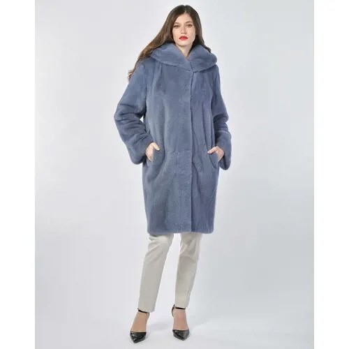 Пальто Manakas Frankfurt, норка, силуэт свободный, капюшон, пояс/ремень, размер 38, голубой