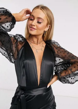 Черное платье с глубоким вырезом и рукавами из органзы I Saw It First-Черный