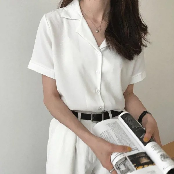 Блузка Рубашка для женщин Мода Короткий рукав V Шея Повседневный офис Леди Белые рубашки Топы Япония Корейский стиль