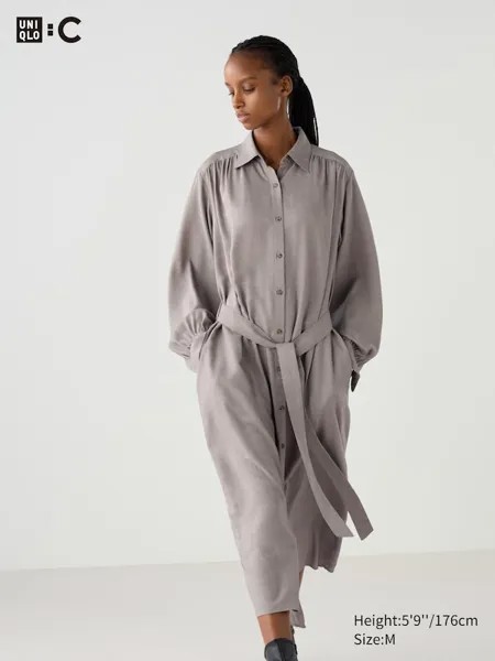 Платье-Рубашка с поясом Uniqlo, бежевый