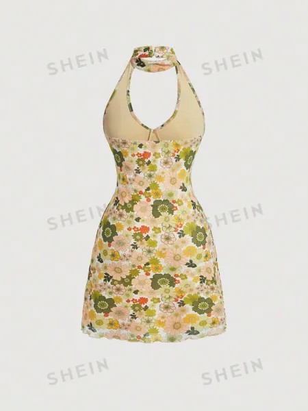 SHEIN MOD вязаное женское платье с воротником на шее с цветочным принтом, зеленый
