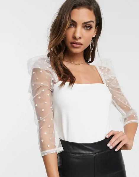 Белый лонгслив с квадратным вырезом и сетчатыми рукавами River Island