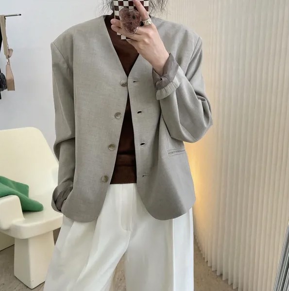 Новинка корейский модный осенний Новый корейский Dongdaemun простая темп-эра свободный шерстяной пиджак без воротника женский пиджак Y2K