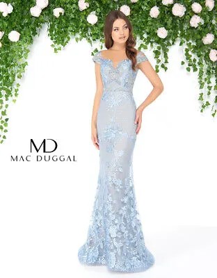 MAC DUGGAL Пудровое синее телесное металлизированное кружевное платье с аппликацией из бисера, шаль 14