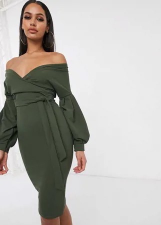 Платье-футляр цвета хаки с открытыми плечами Femme Luxe-Зеленый