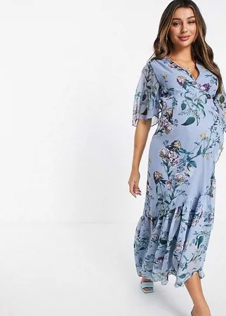 Нежно-голубое платье миди для будущих мам с контрастной кружевной отделкой, пышными рукавами и цветочным принтом Hope & Ivy Plus-Голубой