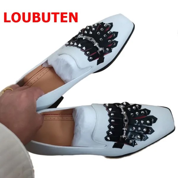 Лоферы LOUBUTEN мужские из натуральной кожи, повседневные туфли с черной кисточкой, классические туфли с квадратным носком, белые