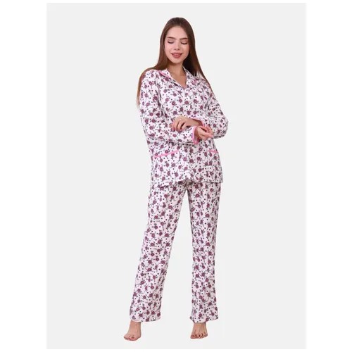 Пижама А-ЛЁНка, брюки, рубашка, длинный рукав, карманы, пояс на резинке, размер 46, розовый, белый