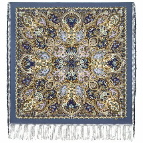 Платок Павловопосадская платочная мануфактура,148х148 см, голубой, коричневый