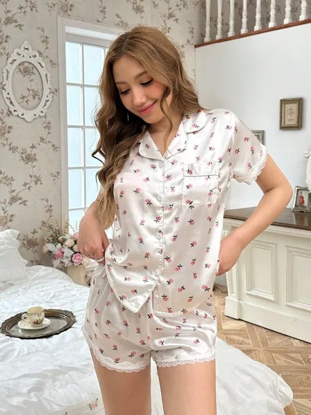 CottageSlumber Пижама/дорожная одежда, цветочный узор, контрастная кружевная ткань, белая Shein, белый